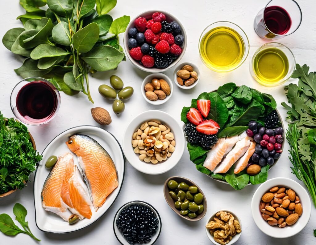 Berries, Nuts, Olive Oil, Fish, beans, Poultry, a glass of wine and leafy green vegetables on a table